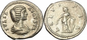 Julia Domna (died 217 AD). AR Denarius, Laodicea ad Mare mint, 196-202. D/ Bust of Julia Domna right, draped. R/ Laetitia standing left, holding wreat...