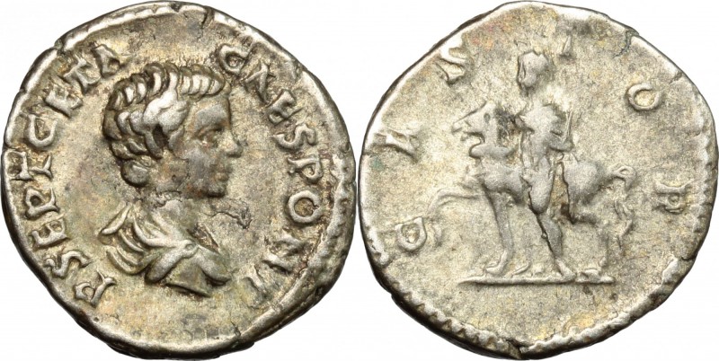Geta (198-212). AR Denarius, 200-202. D/ Bust of Geta right, bare headed, draped...