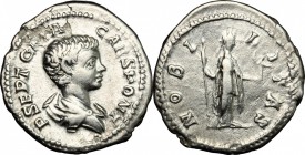 Geta (198-212). AR Denarius, 200-202 AD. D/ Bust of Geta right, bare-headed, draped. R/ Nobilitas standing facing, head right, holding sceptre and pal...
