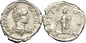 Geta (198-212). AR Denarius, 203-208 AD. D/ Bust of Geta right, bare headed, draped. R/ Minerva standing left, leaning on shield and holding spear. RI...