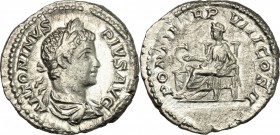 Caracalla (198-217). AR Denarius, 205 AD. D/ Bust of Caracalla right, laureate, draped. R/ Salus seated left, feeding from patera snake coiled around ...