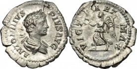 Caracalla (198-217). AR Denarius, 201-210. D/ Bust of Caracalla right, laureate, draped. R/ Victoria advancing left, holding wreath and palm. RIC 144B...