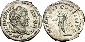 Caracalla (198-217). AR Denarius, 213 AD. D/ Head of Caracalla right, laureate. R/ Hercules standing left, holding branch and club; over left arm, lio...
