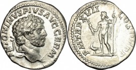 Caracalla (198-217). AR Denarius, 214 AD. D/ Head of Caracalla right, laureate. R/ Jupiter standing left, holding thunderbolt and scepter; to feet, ea...