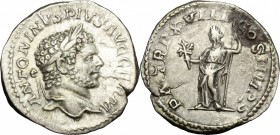 Caracalla (198-217). AR Denarius, 215 AD. D/ Head of Caracalla right, laureate. R/ Pax standing left; holding branch and scepter. RIC 268. AR. g. 2.80...