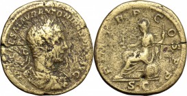 Elagabalus (218-222). AE Sestertius, 218 AD. D/ Bust of Elagabal right, laureate, draped, cuirassed. R/ Roma seated left; holding Victoria and spear; ...