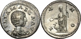 Julia Maesa (died 225 AD). AR Denarius, 218-222. D/ Bust of Julia Maesa right, draped. R/ Juno standing left, holding patera and scepter; to feet, pea...