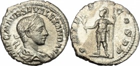 Severus Alexander (222-235). AR Denarius, 222 AD. D/ Bust of Severus Alexander right, laureate, draped. R/ Mars standing left, holding branch and spea...