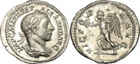 Severus Alexander (222-235). AR Denarius, 222-228. D/ Bust of Severus Alexander right, laureate, draped. R/ Victoria advancing left, holding wreath an...