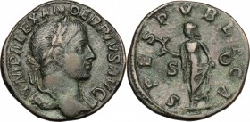 Severus Alexander (222-235). AE Sestertius, 231-235. D/ Head of Severus Alexander right, laureate. R/ Spes standing left; holding flower and raising s...