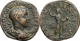 Gordian III (238-244 AD). AE Sestertius, 241-244. D/ Bust of Gordian right, laureate, draped, cuirassed. R/ Sol standing frontal, head turned left wit...
