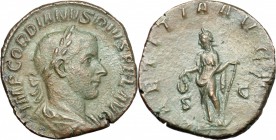 Gordian III (238-244). AE Sestertius, 241-244. D/ Bust of Gordian right, laureate, draped, cuirassed. R/ Laetitia standing left; holding wreath and an...