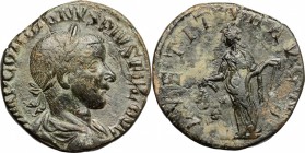 Gordian III (238-244). AE Sestertius, 241-244. D/ Bust of Gordian right, laureate, draped. R/ Laetitia standing left; holding wreath and anchor set on...