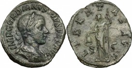 Gordian III (238-244). AE Sestertius, 241-244. D/ Bust of Gordian right, laureate, draped, cuirassed. R/ Libertas standing left; holding pileus and sc...