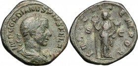 Gordian III (238-244). AE Sestertius, 244 AD. D/ Bust of Gordian right, laureate, draped, cuirassed. R/ Felicitas standing left; holding long caducaeu...