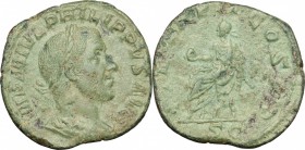 Philip I (244-249). AE As, 245 AD. D/ Bust of Philip right, laureate, draped, cuirassed. R/ Emperor seated left on curule chair, holding globe and sho...