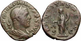 Philip I (244-249). AE Sestertius, 244-249. D/ Bust of Philip right, laureate, draped. R/ Aequitas standing left; holding scales and cornucopiae. RIC ...