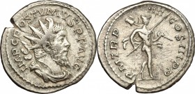 Postumus (259-268). AR Antoninianus, 262 AD. D/ Bust of Postumus right, radiate, draped, cuirassed. R/ Mars advancing right, carrying trophy and holdi...