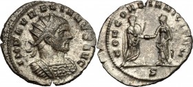 Aurelian (270-275). BI Antoninianus, Mediolanum mint, 270-275. D/ Bust of Aurelian right, radiate, cuirassed. R/ Emperor standing right; clasping hand...