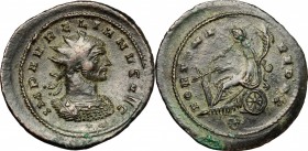Aurelian (270-275). BI Antoninianus, Siscia mint, 270-275. D/ Bust of Aurelian right, radiate, cuirassed. R/ Fortuna seated left on wheel; holding rud...