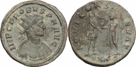 Probus (276-282). BI Antoninianus, Ticinium mint, 276-282. D/ Bust of Probus right, radiate, cuirassed. R/ Emperor standing right, receiving globe fro...