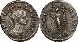 Carus (282-283). BI Antoninianus, Ticinium mint, 282-283. D/ Bust of Carus right, radiate, cuirassed. R/ Pax standing left, holding olive branch and e...