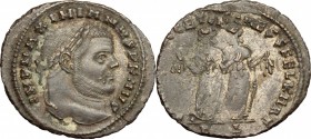 Maximianus (286-310). AE Follis, Carthage mint, 299-303. D/ Head of Maximianus right, laureate. R/ Carthago standing facing, head left, holding fruits...