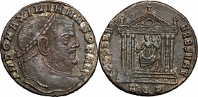 Maximianus (286-310). AE follis, Aquileia mint, 307 AD. D/ Head of Maximianus right, laureate. R/ Roma seated in hexastyle temple; holding globe and s...
