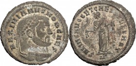 Galerius as Caesar (293-305). AE Follis, Carthage mint, 298-299. D/ Head of Galierus right, laureate. R/ Carthago standing facing, head left; holding ...