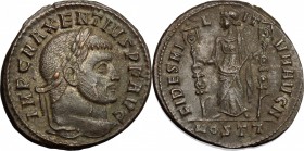 Maxentius (306-312). AE follis, Ostia mint, 309-312. D/ Head of Maxentius right, laureate. R/ Fides standing left; holding standard in each hand. RIC ...