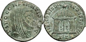 Maxentius (306-312). AE follis, Ticinum mint, 307-308. D/ Head of Constantius Chlorus right, veiled. R/ Domed shrine; on top, eagle standing right. RI...