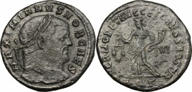 Galerius (305-311). AE Follis, Aquileia mint, 303 AD. D/ Head of Galerius right, laureate. R/ Moneta standing left; holding scales and cornucopiae. RI...