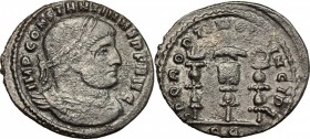 Constantine I (307-337). AE follis, Rome mint, 312-313. D/ Bust of Constantine right, laureate, draped, cuirassed. R/ Legionary eagle between two vexi...