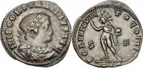 Constantine I (307-337). AE follis, London mint, 313-314. D/ Bust of Constantine right, laureate, draped, cuirassed. R/ Sol standing left, wearing chl...