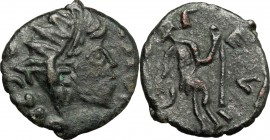 AE Imitation of a late Roman Antoninianus, 4-5th century. D/ Head right, radiate. R/ Stylized figure standing right; holding spear. AE. g. 1.32 mm. 13...