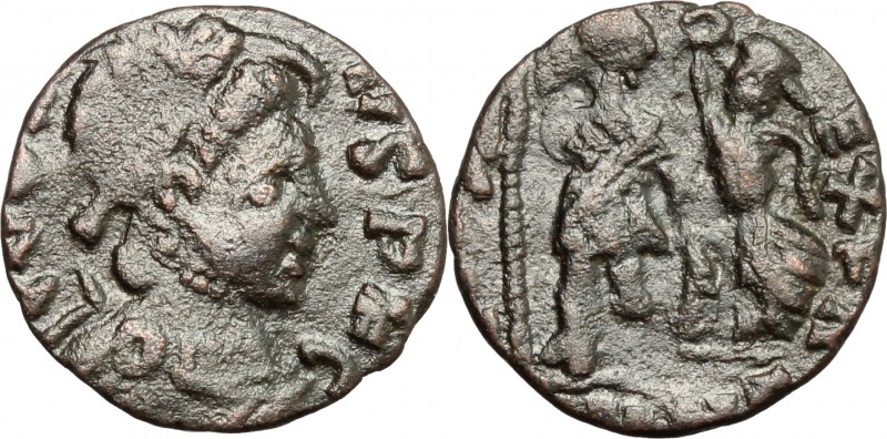 Barbaric imitation of a late Roman AE 13mm, 4th-5th century. D/ Bust right, helm...