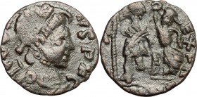 Barbaric imitation of a late Roman AE 13mm, 4th-5th century. D/ Bust right, helmeted, cuirassed. R/ Emperor standing right; holding long scepter; bein...