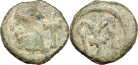 Visigoths. AE Nummus, Spain, uncertain mint, 7th century. D/ Bust right; before, cross. R/ Monogram. AE. g. 0.77 mm. 9.00 Good F/F.