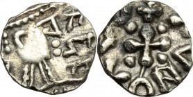 AR Sceat, Anglo-Saxon, Frisia, Domburg mint, c. 700-715. D/ Crude bust right with pyramidal neck. R/ Cross with four pellets. Abramson D210. North 163...