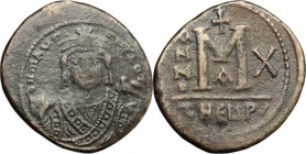Maurice Tiberius (582-602). AE Follis, Theupolis (Antioch) mint, 591-592. D/ Bust of Maurice Tiberius facing. R/ Mark of value (M). MIB 96. DOC 162. S...