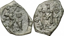 Constantine IV (668-685) (?). AE Follis, Sicily, Syracuse. D/ Two figures standing facing. R/ Mark of value (M), above monogram. AE. g. 3.37 mm. 24.00...
