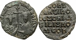 Constantine VII (913-979) and Zoe (Regent from 914-919). AE Follis, Constantinople mint, 914-919. D/ Busts of Constantine and Zoe facing, both crowned...