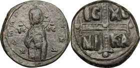 Michael IV (1031-1041). AE Follis, Constantinople mint, 1031-1041. D/ Three-quarter length figure of Christ Antiphonetes standing facing, cross-nimbat...