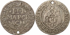 Germany. Franz I (1745-1765). AR 3 Marck, Free City of Aachen, 1754. Menadier 262. AR. g. 1.86 mm. 22.00 Toned. Pierced. About EF/Good VF.