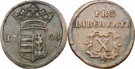Hungary. Franz II Rákóczi (1703-1711). AE Poltura, 1706. Unger 1135a. KM 264.1. AE. g. 7.22 mm. 32.00 RR. Good VF.