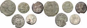 Roman Republic to Roman Empire. Lot of 3 AR and 2 small AE coins, including Semis, Quadrans, Victoriatus, Denarius, Antoninianus. F.