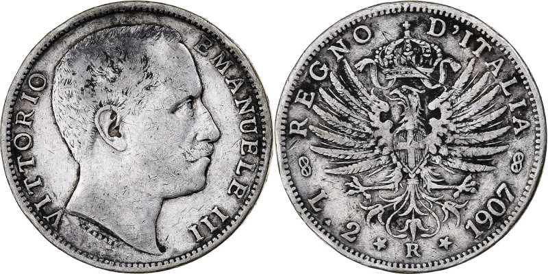 Italy, Vittorio Emanuele III, 2 Lire, 1907, Rome, Silver, VF(30-35), KM:33 
 Ba...