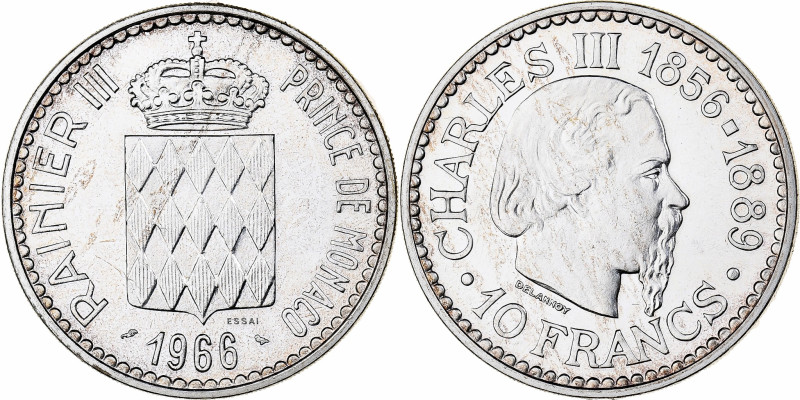 Monaco, Rainier III, 10 Francs, 1966, MDP, Pattern, Silver, MS(65-70) 
 Crowned...