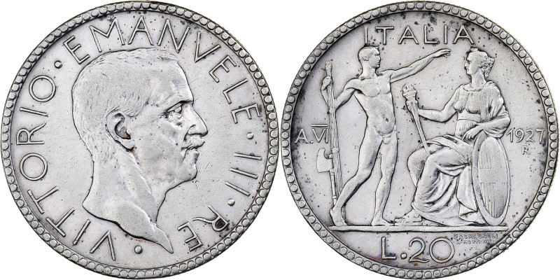 Italy, Vittorio Emanuele III, 20 Lire, 1927, Rome, Silver, EF(40-45), KM:69 
 H...