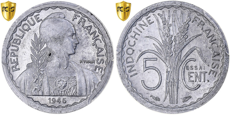FRENCH INDO-CHINA, 5 Cents, 1946, Paris, Pattern, Aluminum, PCGS, MS(64) 
 Indo...
